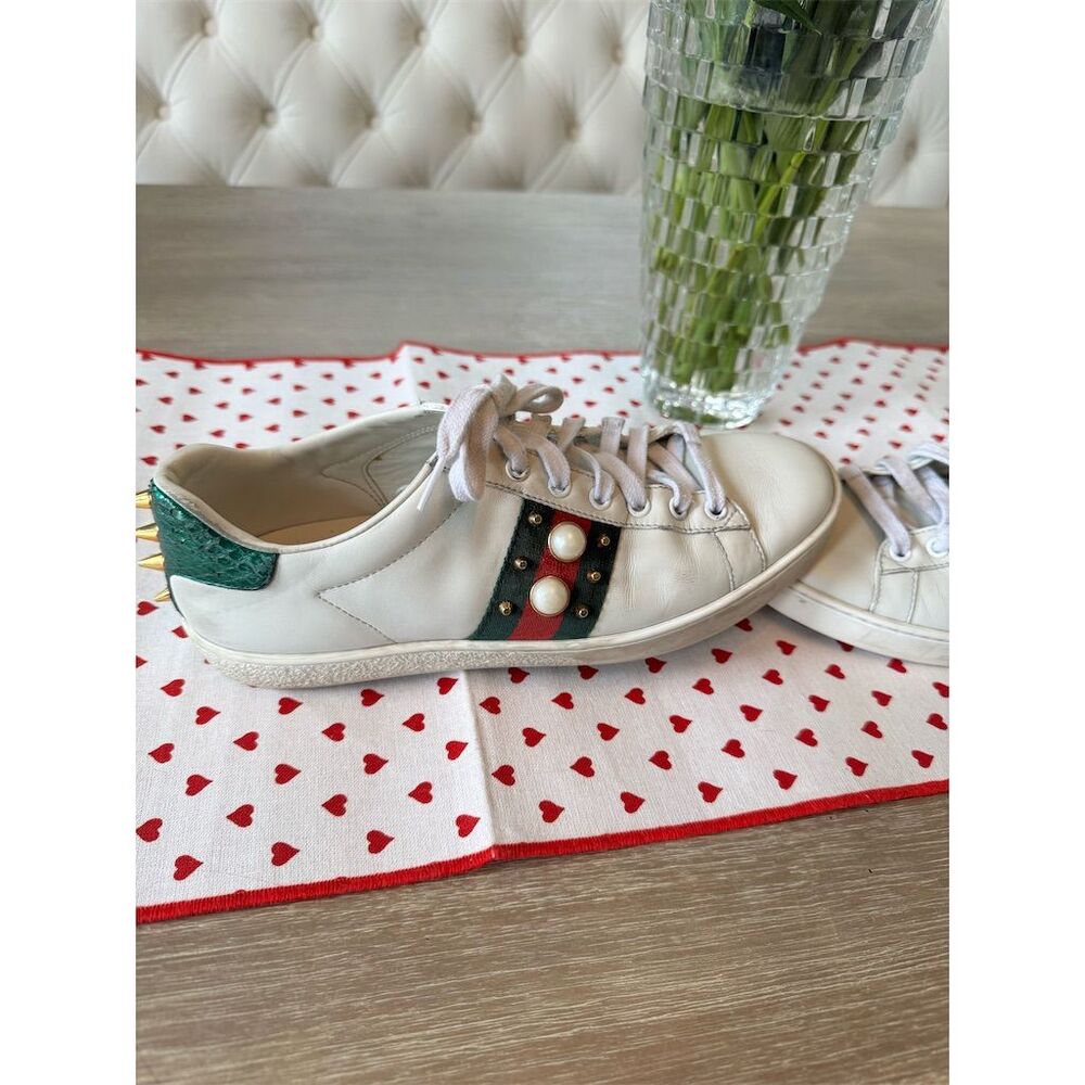 Gucci Women's Ace Studded Pearl Sneakers White Size 7.5 Athletic Shoes - Picture 8 of 14